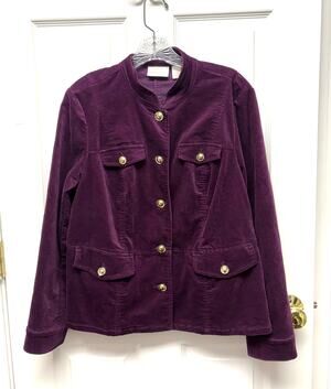 Chico’s Jacket Purple Velvet Coat Womens Medium Military Style Gold Buttons